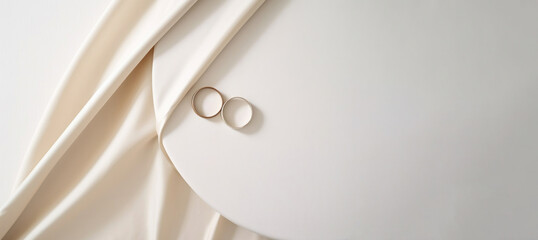 A beige white wedding table with a tablecloth and two wedding rings. Top view wedding banner with plenty of copy space.