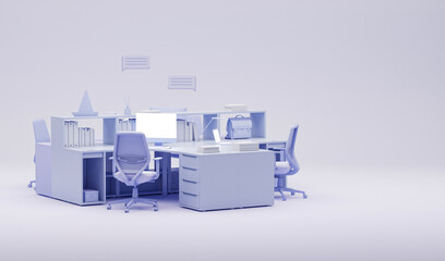 Purple monochrome minimal office table desk. Minimal idea concept for study desk and Business teamwork concept. Working with computer. 3d render
 - obrazy, fototapety, plakaty