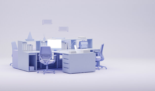 Purple monochrome minimal office table desk. Minimal idea concept for study desk and Business teamwork concept. Working with computer. 3d render
