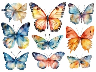 Fototapeta na wymiar Hand drawn watercolor butterflies set isolated on white background with design elements. generative ai