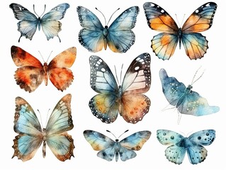 Fototapeta na wymiar Hand drawn watercolor butterflies set isolated on white background with design elements. generative ai