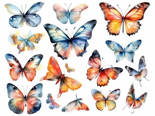 Obraz na płótnie Canvas Hand drawn watercolor butterflies set isolated on white background with design elements. generative ai