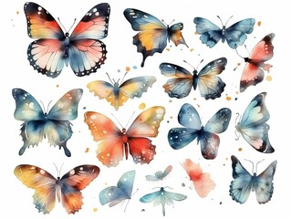 Hand drawn watercolor butterflies set isolated on white background with design elements. generative ai