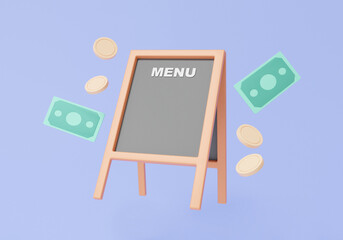 Customer service store shop menu front sign with banknote and coins floating on purple background. money payment, shopping online concept. minimal cartoon style. 3d rendering illustration