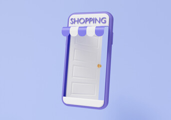 3D minimal cartoon style open door shop store with mobile phone floating on purple background. shopping online concept. discount, promotion, sale, banner, website. 3d rendering illustration