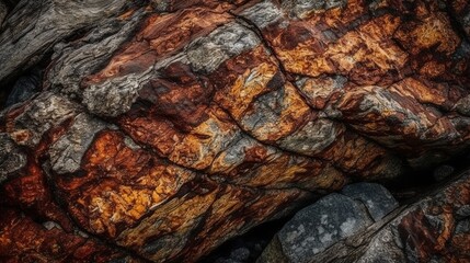 Obraz na płótnie Canvas Dark red orange brown rock texture with cracks. Close-up. Rough mountain surface. Stone granite background for design. Nature.