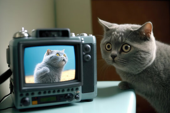 A curious cat staring at a tv with a cat's image on it created with generative ai technology