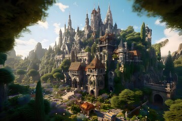 A majestic medieval castle surrounded by a heavenly landscape of lush green trees created with generative ai technology