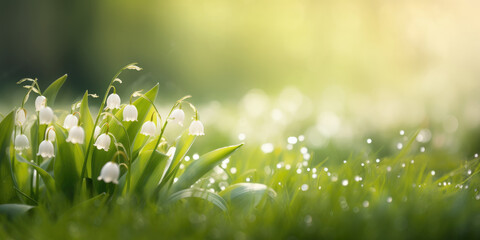 Lilies of the valley. Convallaria. White spring flowers on a blurred background, copy space. Floral background for greeting card for Mother's day, Birthday, Women's day. Generative ai illustration