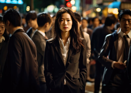 Attractive young chinese woman stand in the middle of street at night