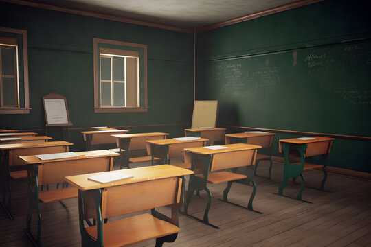 Empty classroom image of brown desks with a chalkboard and blackboard, in the style of dark orange and light green, Generative Ai