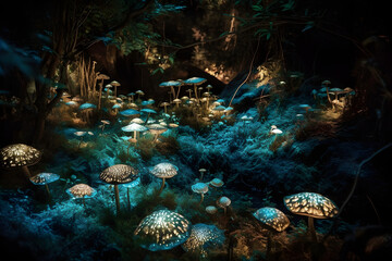 Bioluminescent mushrooms in the forest generative ai