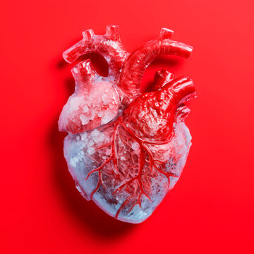 a heart frozen human heart with red background. generative AI