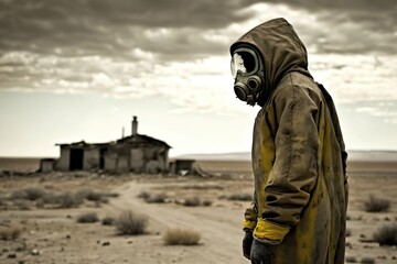 A lone survivor in a gas mask standing amidst a barren desert wasteland created with generative ai technology