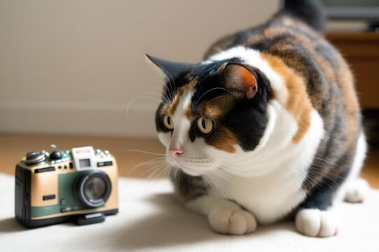 A playful cat posing next to a camera on the ground created with generative ai technology