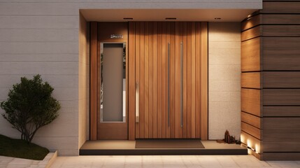 Obraz na płótnie Canvas Modern wooden entrance door for the natural effect so you always come home warmly. Generative AI Technology 