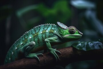 portrait green lizard on a branch