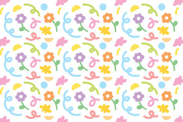 Cute and colourful abstract background with various shapes. Pastel colour. Summer print. Vector illustration. Can be used for print, decoration, presentation, banner, poster and many more.