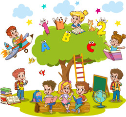 Obraz na płótnie Canvas A cartoon of children reading books under a tree with the letters abc and c on it.