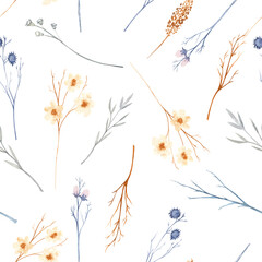 Seamless pattern with wild flovers and twigs. Watercolor illustration