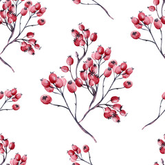 Seamless pattern with wild berries and twigs. Watercolor illustration