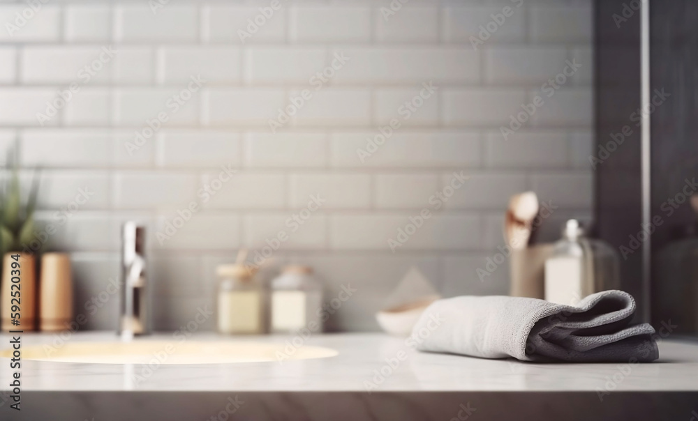 Wall mural empty table top in bathroom with blurred background and copy space for product