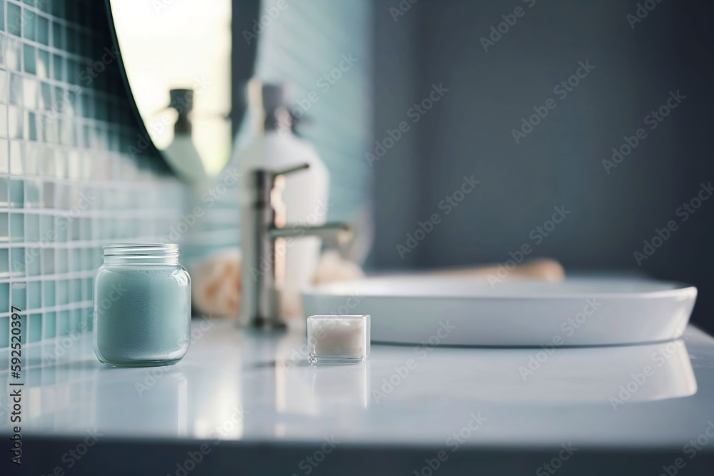 Wall mural empty table top in bathroom with blurred background and copy space for product