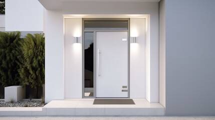 White wooden entrance door for a clean and luxurious effect to be the envy of everyone. Generative AI Technology  - obrazy, fototapety, plakaty