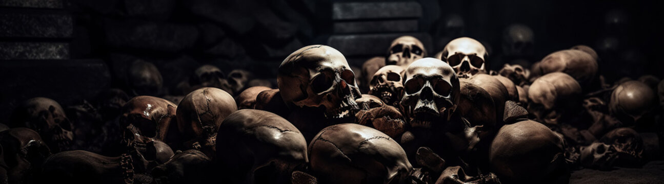 human skulls and bones in underground burial in a cemetery. Generative AI illustration