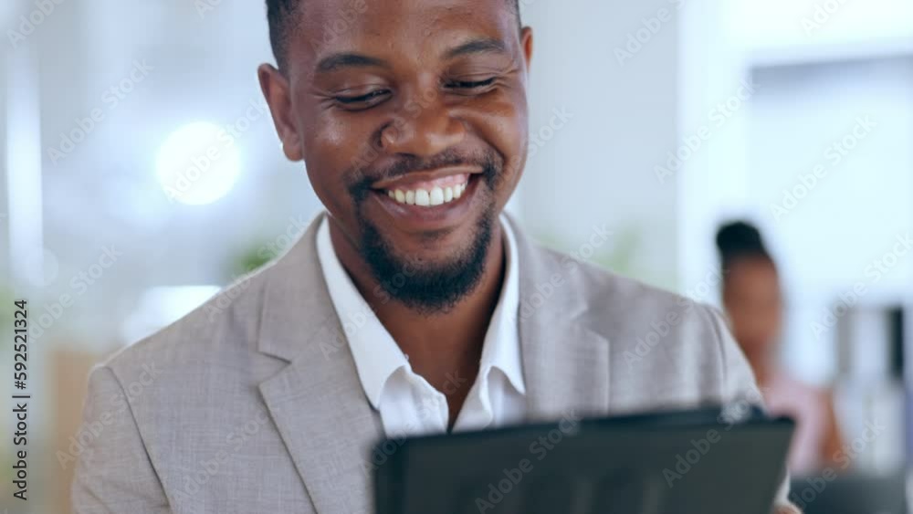 Poster Happy black man, face and tablet laughing for social media, funny joke or meme at the office. African American businessman with laugh and smile for fun communication on technology at the workplace