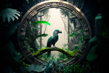 Portal to jurassic park with birds in the jungle. Generative AI
