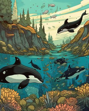 Beautiful landscape with killer whales swimming in the sea Generative Ai