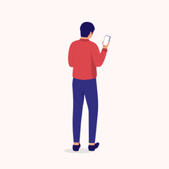 Back View Of A Businessman Using Mobile Phone. Smart Phone. Full Length. Flat Design Style, Character, Cartoon.