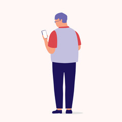 Back View Of A Senior Man Using Mobile Phone. Smart Phone. Full Length. Flat Design Style, Character, Cartoon.
