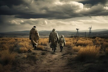 Three survivors walking down a desolate path in a post-apocalyptic world created with generative ai technology