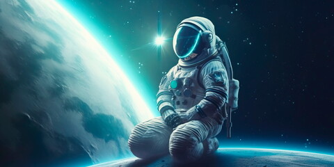 Obraz na płótnie Canvas astronaut is engaged in meditation in space on the background of the solar system Generative AI