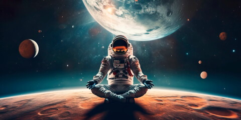astronaut is engaged in meditation in space on the background of the solar system Generative AI