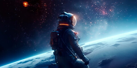 Fototapeta na wymiar astronaut is engaged in meditation in space on the background of the solar system Generative AI