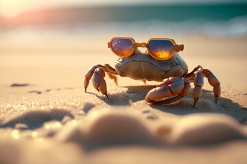 Fototapeta na wymiar Crab in sunglasses on the sand on the background of the ocean Generative AI