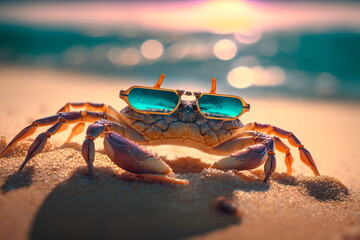 Crab in sunglasses on the sand on the background of the ocean Generative AI