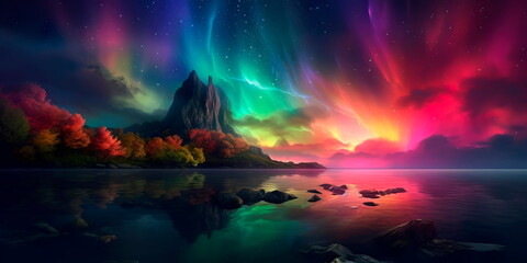 Fototapeta na wymiar mystical landscape with a rainbow-colored aurora borealis lighting up the sky Generative AI