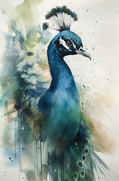 Beautiful peacock with feathers in watercolor painting Generative Ai