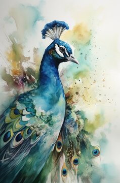 Beautiful peacock with feathers in watercolor painting Generative Ai