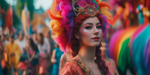 vibrant street parade with colorful floats and performers celebrating Kurban-bayram .Generative AI