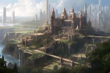 A heavenly medieval castle standing tall in the middle of a city created with generative ai technology