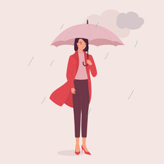 One Smiling Young Woman In Red Coat Holding An Umbrella On A Rainy Day With Dark Clouds. Full Length. Flat Design Style, Character, Cartoon.