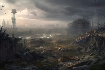 Obraz premium An abandoned city in a post-apocalyptic world created with generative ai technology