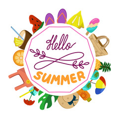 Vector lettering on the theme of summer. The image of objects for summer holidays on the beach.