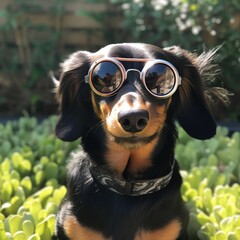 Cute dog wearing sunglasses on sunny day