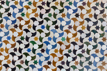Islamic Moorish architecture style tiles colorful mosaic background, geometric pattern